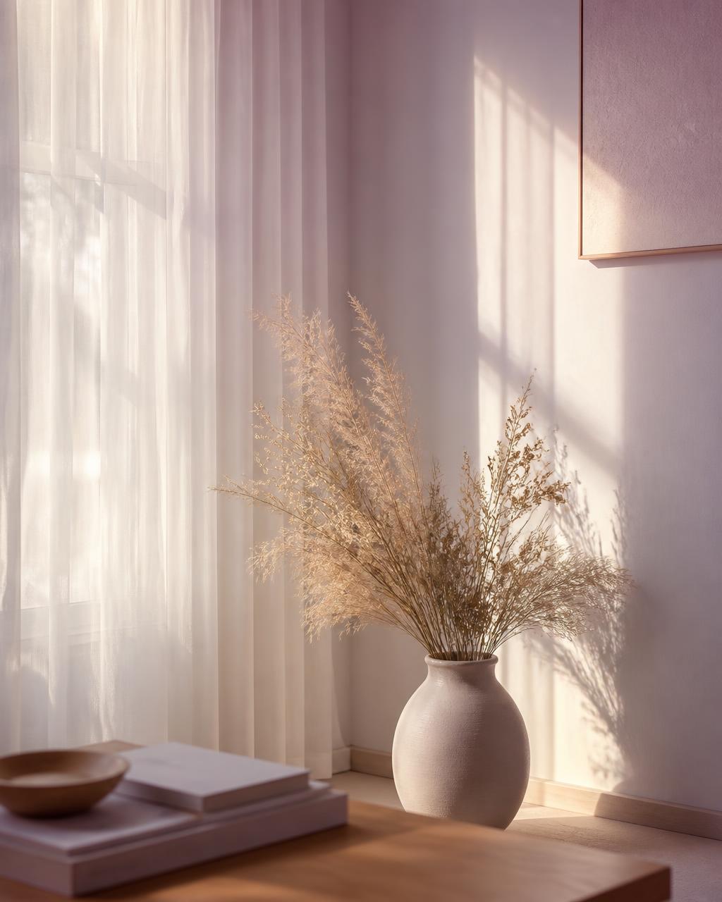 A quiet, sunlit corner with dried grasses in a ceramic vase